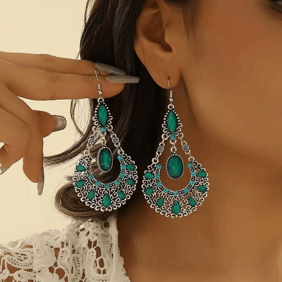 Western Boho Turquoise Aquamarine Diamond Dangle Earrings - Picture 2 of 7